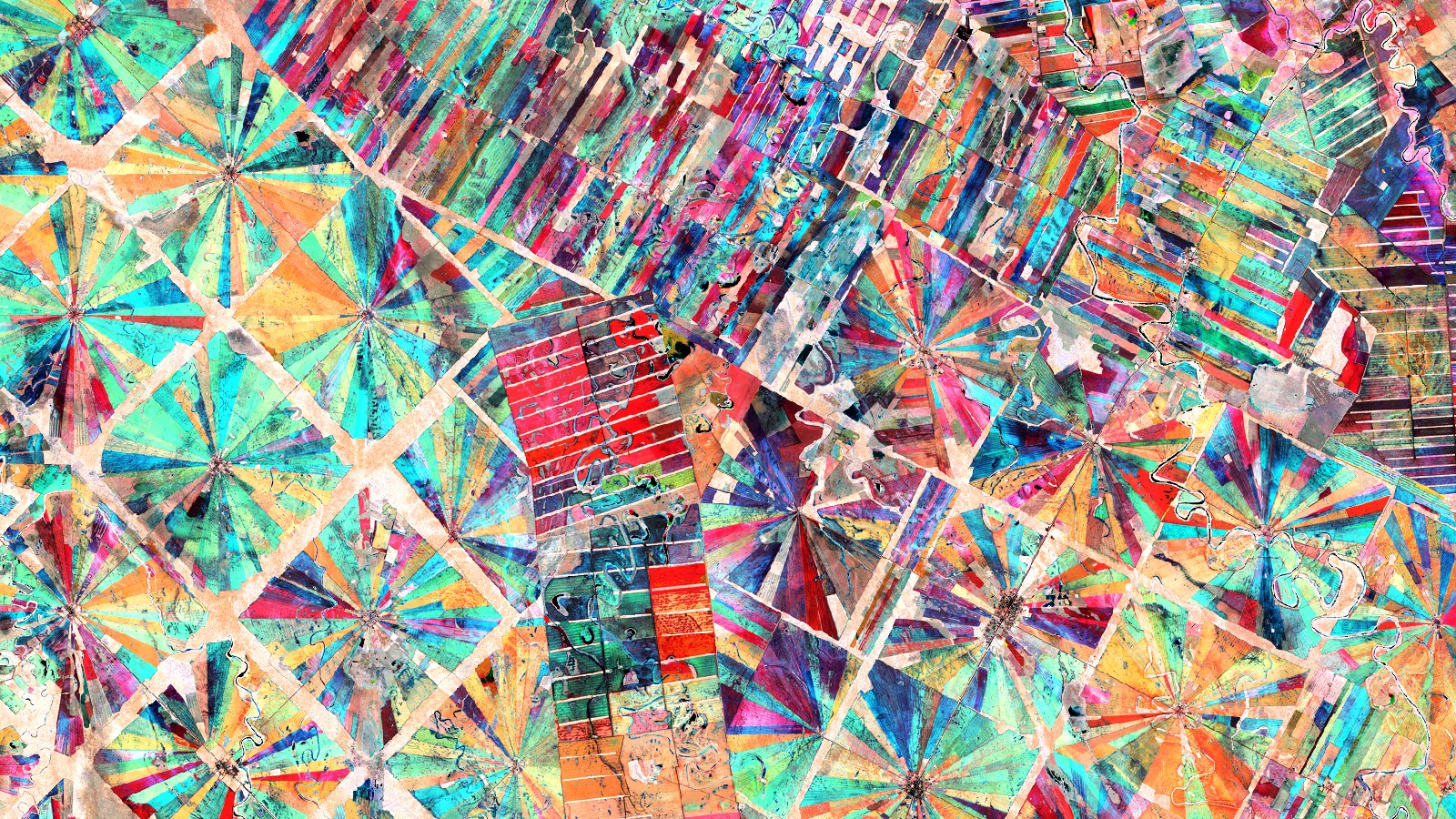 The radial fields of San Julián, Bolivia, Crop growth stage, three months of NDVI, a community script · Sentinel-2 L1C, June to August 2017