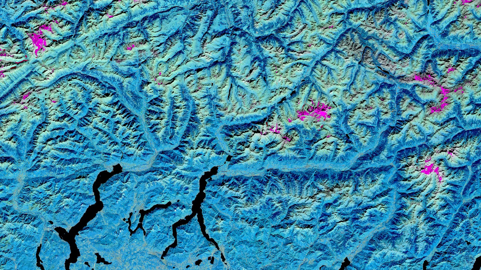The central Alps above Lakes Maggiore, Lugano, and Como, Infrared false colour, my recipe · Sentinel-2 L1C, 27 September 2026