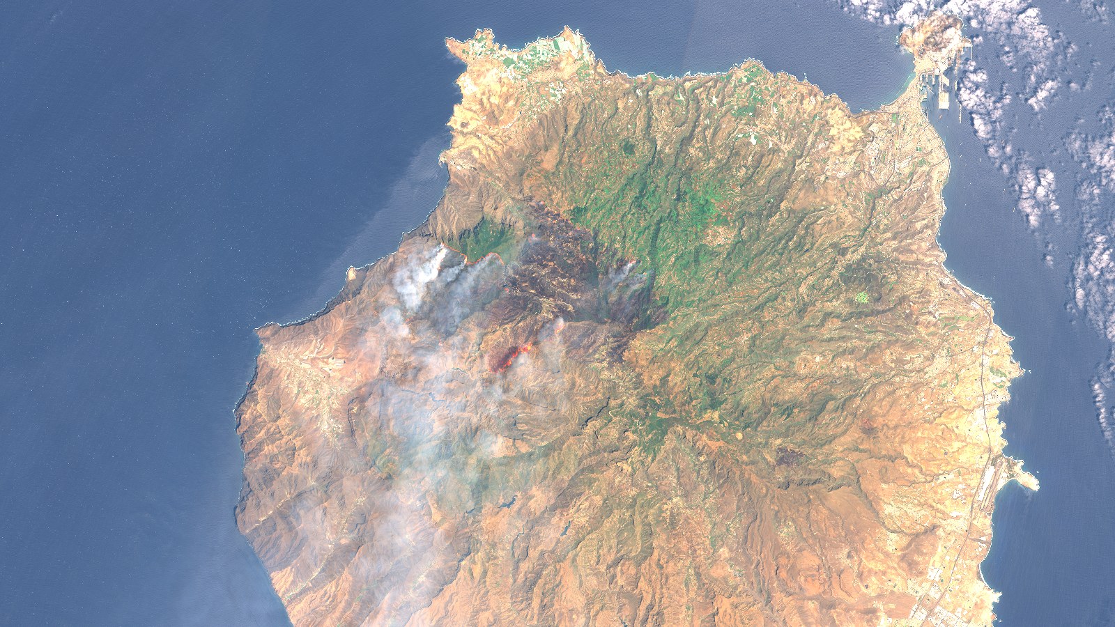 Smoke over Gran Canaria, Spain, during the wildfire of August 2019, Natural colour with infrared bands · Sentinel-2 L1C, 19 August 2019